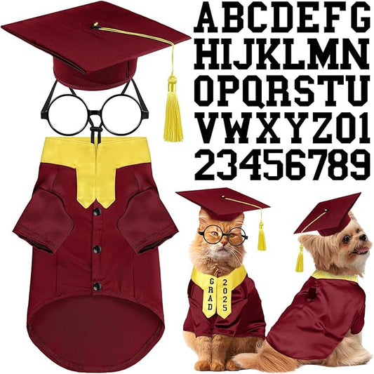 5 Pcs Dog Graduation Costume Set Include 2025 Pet Graduation Gown with Stole Puppy Grad Cap Lensless Glasses DIY Letter Stickers for Dogs Cats Holiday Costume Accessory(Maroon Yellow,S)
