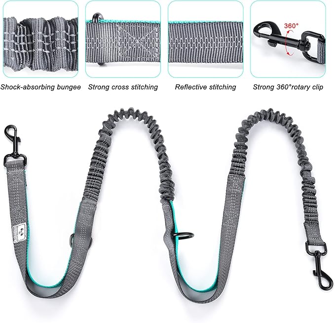 SHINE HAI Retractable Hands Free Dog Leash with Dual Bungees for 2 Dogs, Adjustable Waist Belt, Reflective Stitching Leash for Running Walking Hiking Jogging Biking Black - Gray