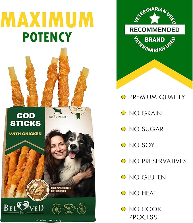 Beloved Pets Dog Treats Rawhide - Free Cod Sticks Chicken Wrapped 11 oz - All Natural & Grain Free Long Lasting Chews for Large & Small Dogs - Dried Pet Snacks - Support Healthy Teeth & Skin Coat