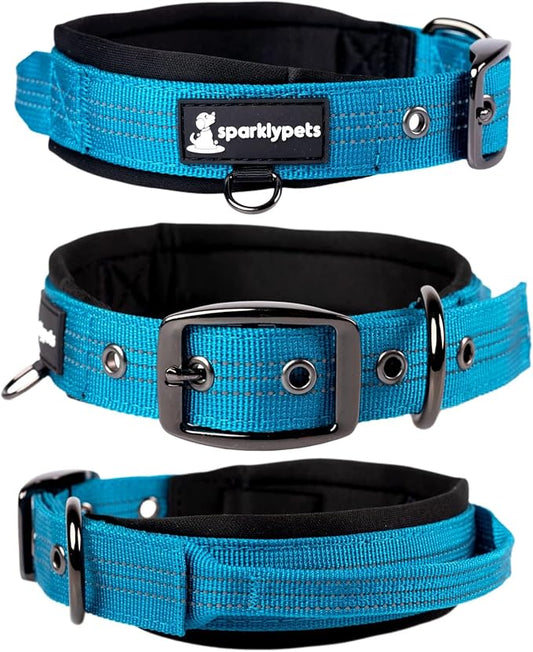 SparklyPets Heavy Duty Dog Collar with Handle for Medium and Large Dogs – Professional Collar with Reflective Stitches, Soft Handle & Nickel-Plated Buckle (Large (18"~22"), Blue)