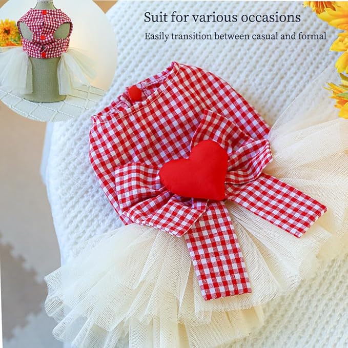 Plaid Small Dog Dress with Leash Ring Valentines Cat Outfit Dog Tutu Princess Holiday Puppy Clothes with Bow Knot and Heart Pet Apparel for Kitten Chihuahua Yorkie (Red, Large)