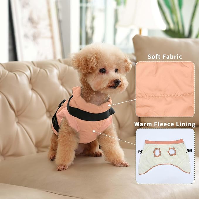 Dog Jacket with Harness,Fleece Lined Warm Puppy Coat for Winter,Soft Windproof Medium Dog Vest,LightOrange L