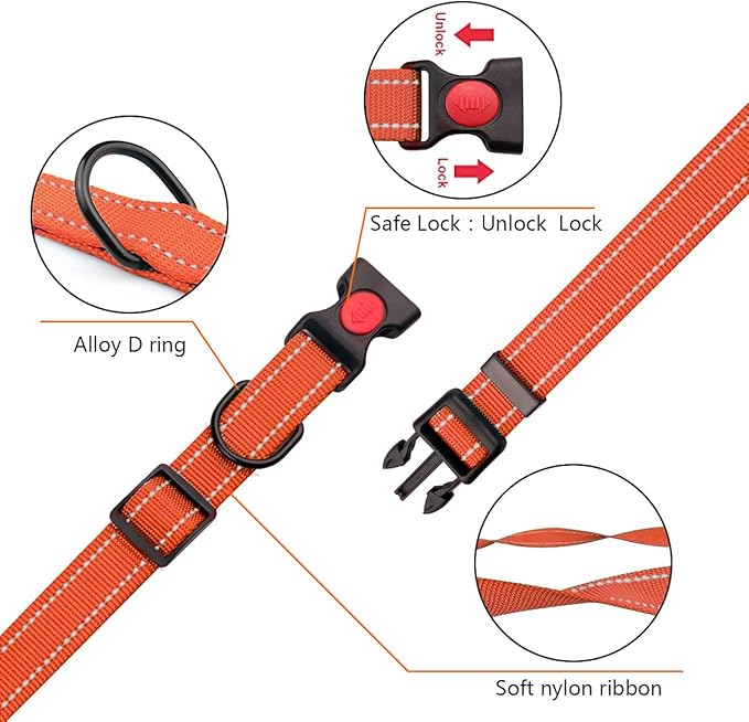 Reflective Dog Collar and Leash Set with Safety Locking Buckle Nylon Pet Collars Adjustable for Small Medium Large Dogs 3 Sizes(Orange&M)