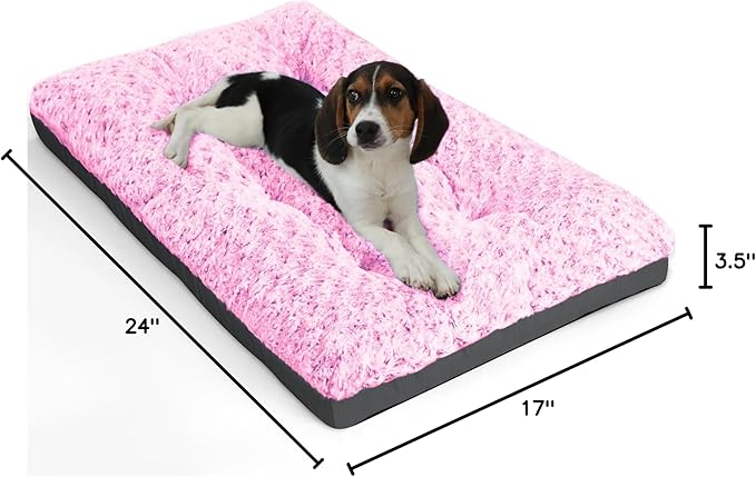 POCBLUE Deluxe Washable Dog Bed for Small Dogs Dog Crate Mat 24 inch Comfy Fluffy Kennel Pad Anti-Slip for Dogs Up to 25 lbs, 24" x 17", Pink