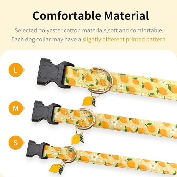 Cotton Dog Collar,Soft and Cute Puppy Collars with Lemon Patterned Design for Girl Female Boy Dogs,Adjustable Buckle Pet Collar for Small Medium Large Dogs (Yellow Lemon, L)
