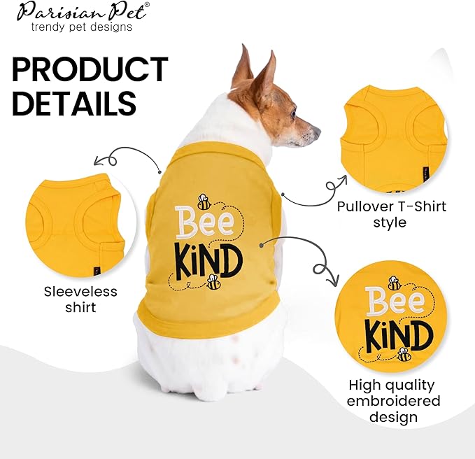 Parisian Pet Dog Tshirt - Embroidered “Bee Kind“ Dogs Clothes - Lightweight Dog Tank Top - 100% Cotton, Sleeveless Doggy Tee Shirts - Machine Washable Shirts for Medium Dogs - M