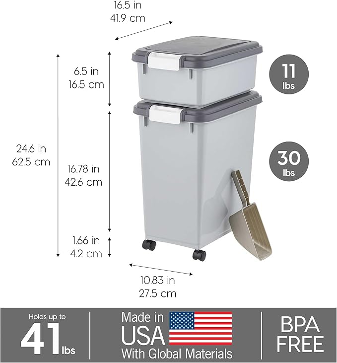 IRIS USA Dog Food Storage Container, 30 lbs & 11 lbs Combo, Cat Food Storage Container, Dog Treat Container, Airtight, Stackable, 2-Cup Scoop, Wheels, Easy Mobility, Gray