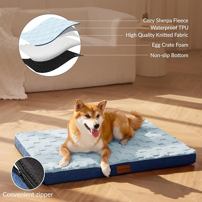 Patas Lague Orthopedic XXL Dog Bed for Extra Large Dogs 48''X30'', Waterproof Soft Warm Comfortable Egg Crate Foam Big Large Pet Beds Mat with Removable Washable Cover and Nonskid Bottom, Blue