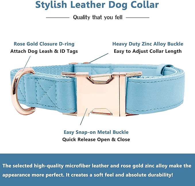 Soft Leather Dog Collar and Leash (6.6') Set - Stylish Rose Gold Heavy Duty Metal Buckle, 4 Adjustable Lengths Leash for Small Medium Large Dogs - Comfortable & Easy to Clean Light Blue S(12.2"-16.9")