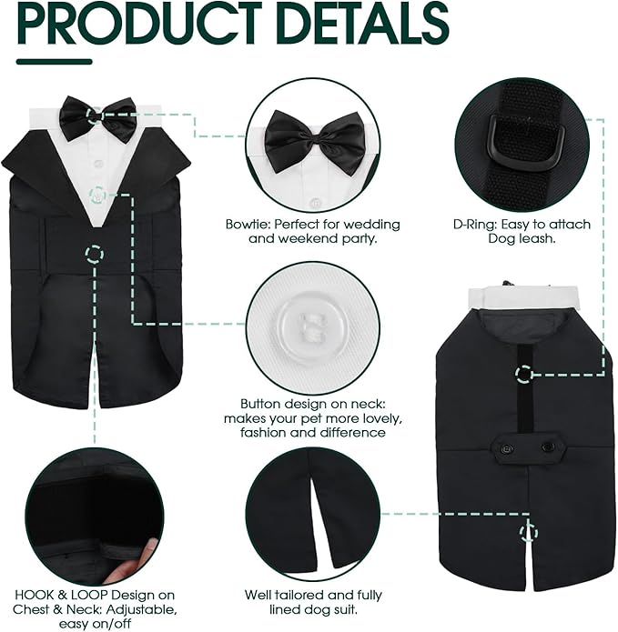 Kuoser Dog Tuxedo Dog Suit and Bandana Set, Dogs Tuxedo Wedding Party Suit, Doggy Prince Bow Tie Shirt Formal Pet Wedding Attire for Large Medium and Small Dogs Golden Retriever Samo Bulldogs