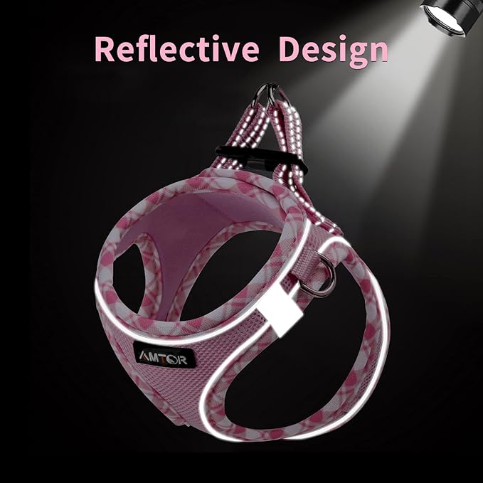 AMTOR Small Dog Harness with Leash Set, No Escape Easy Walk Puppy Harnesses for Training Walking, Step-in Reflective Soft Dogs Vest for XS S Medium Extra-Small Large Sized Dog(XXS Size,Pink/White)