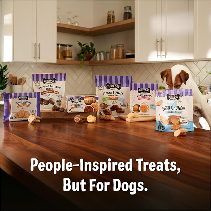 Three Dog Bakery Bark’N Crunch! Chicken Chips, Cheese Flavor, Crunchy Treat for Dogs, Two Ingredients, High Protein Snacks, No Artificial Flavors or Colors, Made in The USA, 4 oz