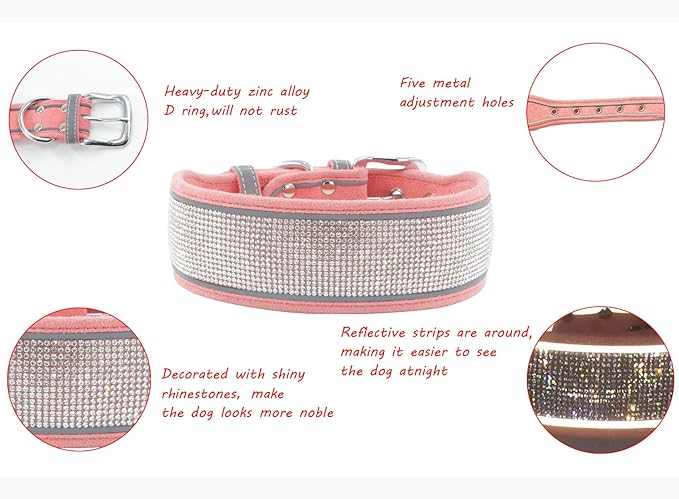 Bling Diamond Dog Collar for Females Girls,Soft Velvet Leather with Fancy Sparkly Crystal Rhinestones,Reflective Stripe,Suit Medium Large Dogs (Hot Pink,Adjust:12''-16'')