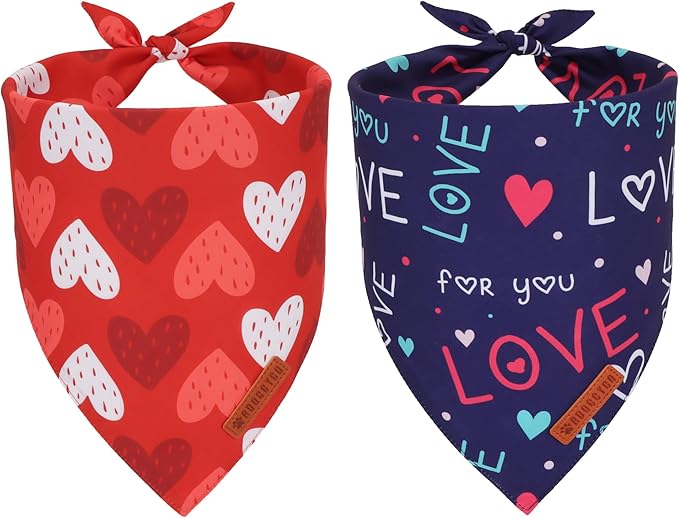 ADOGGYGO Valentine Dog Bandana, Red Blue Heart Love Pet Scarf, Adjustable Fit Pet Valentine Bandanas for Medium Large Dogs (Large)