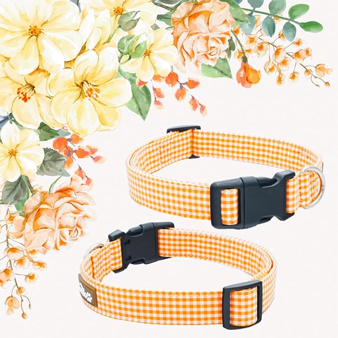 Tunkoo Orange Plaid Dog Collar Premium Cotton - Adjustable Collar with Strong Plastic Bucle Gifts for Small Medium Large Girl Boy Dogs, L