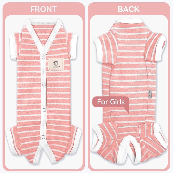 TONY HOBY Female/Male Pet Dog Pajamas Stripes 4 Legged Dog pjs Jumpsuit Soft Cotton Dogs Clothes (XS, Pink+White-Girls)