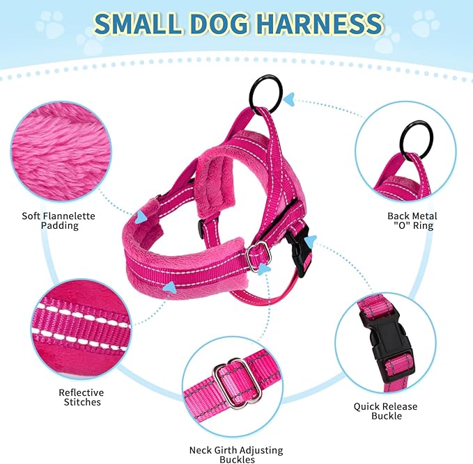 SlowTon No Pull Small Dog Harness and Leash Set, Puppy Soft Vest Harness Neck & Chest Adjustable, Reflective Lightweight Harness & Anti-Twist Pet Lead Combo for Small Medium Dogs (Fuchsia, S)