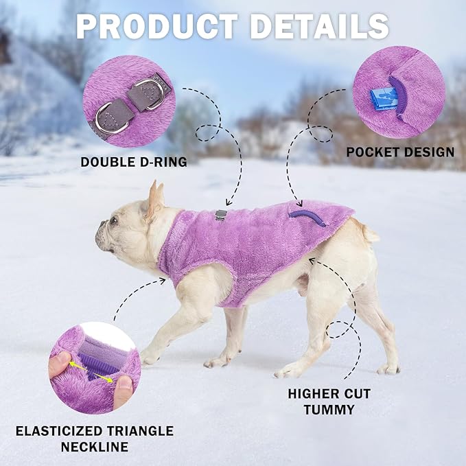 SCENEREAL Fleece Vest Dog Sweater, Dog Jacket with Harness Built in Pocket for Small Medium Dogs, Pet Cold Weather Coat with Soft Lining, Plush Warm Pullover Clothes for Puppy Boys Girls