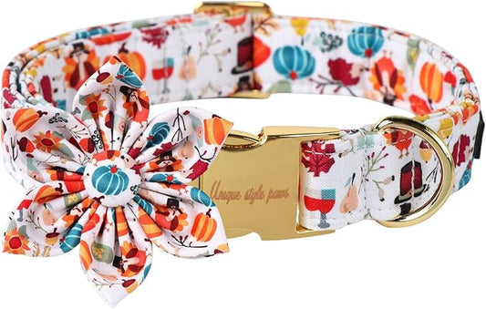 Unique Style Paws Cotton Thanksgiving Dog Collar with Bow Halloween Pumpkin Plaid Dog Collar with Bow Tie for Small Medium Large Dogs Pets Gifts