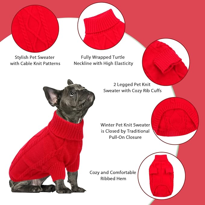 Queenmore XXL Large Dog Winter Clothes - Warm Turtleneck Knitted Sweaters for Pitbull Doberman Dogs, Males & Females, Red, 2XL