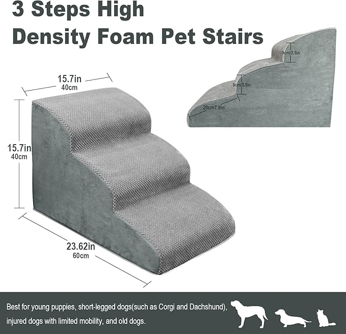 3 Steps High Density Foam Dog Stairs Ramps,Non-Slip Pet Steps for Older Dogs,Pet with Joint Pain, Sofa Bed Ladder for Cats