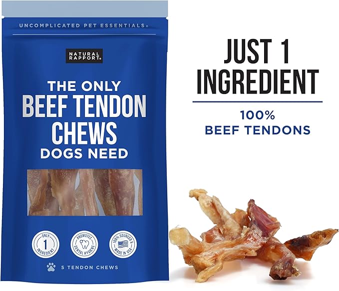 Natural Rapport Beef Tendon Dog Treats - The Only Beef Tendon Chews Dogs Need- All Natural Dog Treats for Small and Large Dogs (5 Chews)