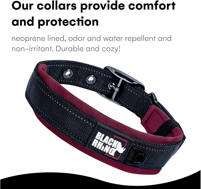Black Rhino Dog Collars for Medium Dogs - Adjustable Reflective Heavy Duty Dog Collar with Ultra-Soft Neoprene Padding - Weatherproof, Durable, and Comfortable for Active Dogs - Burgundy and Black