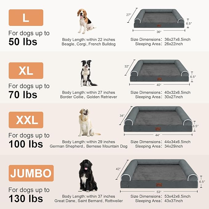 Large Dog Bed Orthopedic Washable: Beds Bolster XL Bed Large Big Dogs Memory Foam Couch Sofa Waterproof with Removable Cover - Dark Grey