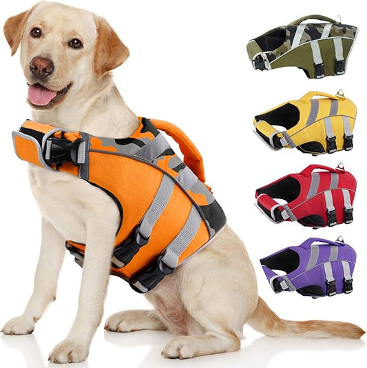 Kuoser High Visibility Dog Life Jacket with Reflective Stripes, Adjustable Ripstop Pet Life Preserver Swimsuit for Small, Medium and Large Dogs