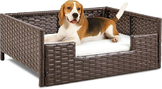 YITAHOME Rattan Dog Sofa Bed with Cushion,Wicker Pet Bed Sofa Couch Indoor Outdoor Water Resistant for Large Medium Small Dogs Cats (24.8''L*19.7''W*9.8'',Beige)