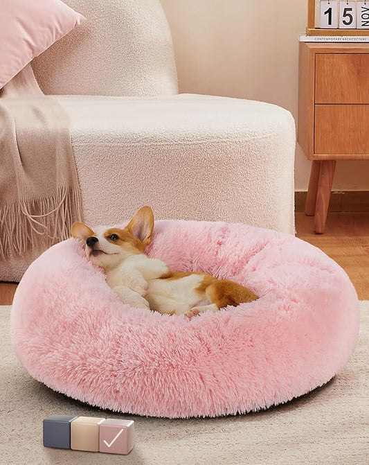 OhGeni Calming Donut Dog Bed Pillow for Small Medium Pets, Machine Washable Removable Cover, Comfort Plush Fluffy Faux Fur with Anti-Slip Bottom, Cats-Friendly Round Cuddly Design, Pink, 23 inches