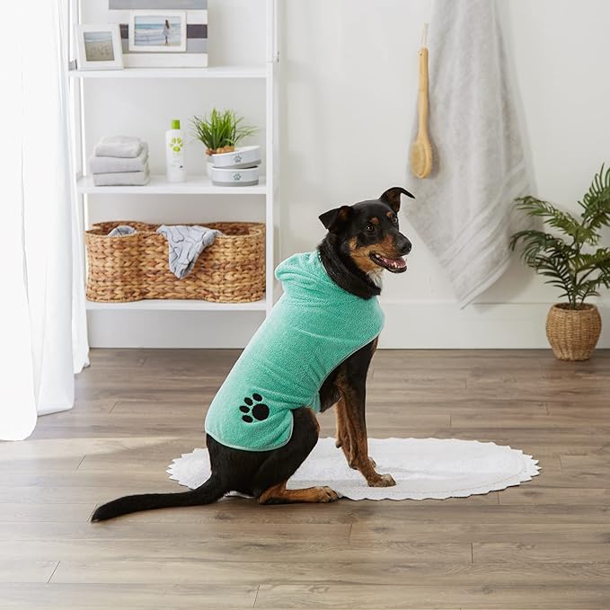 Bone Dry Pet Robe Collection, Embroidered Absorbent Microfiber Bath Robe with Adjustable Closure, for Dogs & Cats, Medium, Aqua