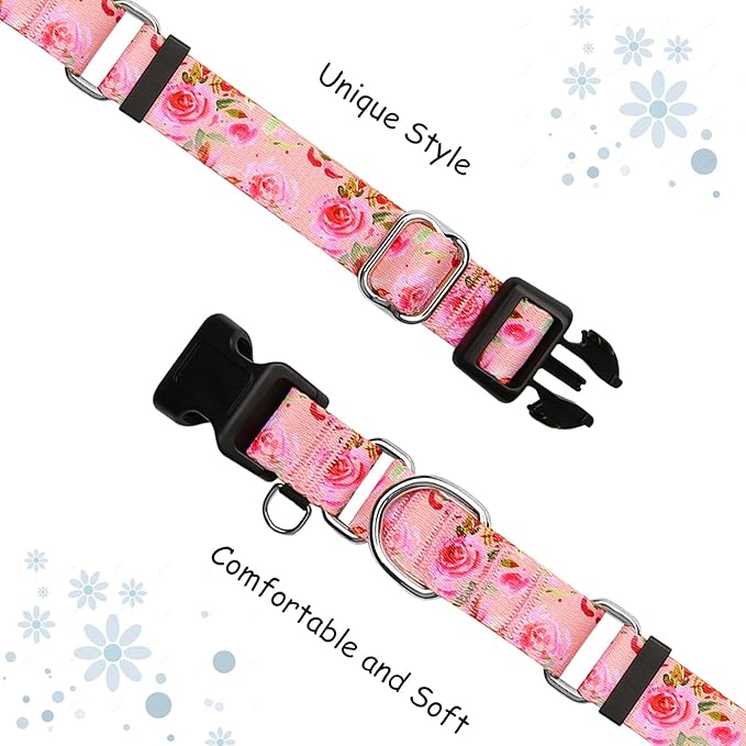 Female Martingale Dog Collar with Buckle Cute Girl Pink Floral Dog Collars for Medium Dogs, Watercolor Pink Rose