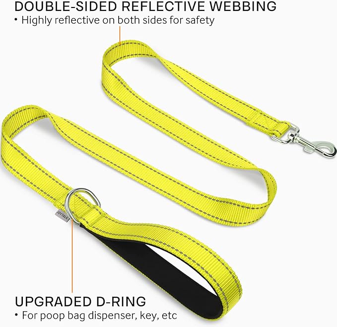 Joytale Double-Sided Reflective Dog Leash, 6 FT/5 FT/4 FT, Padded Handle Nylon Heavy Duty Leashes for Small & Medium Dogs Walking, Yellow, 5FT
