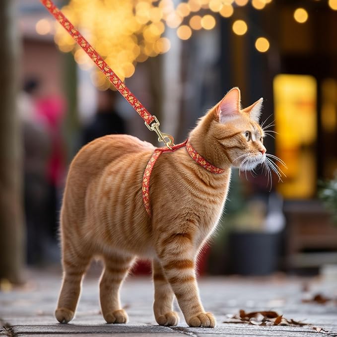 azuza Christmas Cat Harness and Leash Set for Safe Walking and Travel, Reindeer Print Cat Harness Escape Proof Lightweight Size Adjustable Soft Material for Small Large Cats