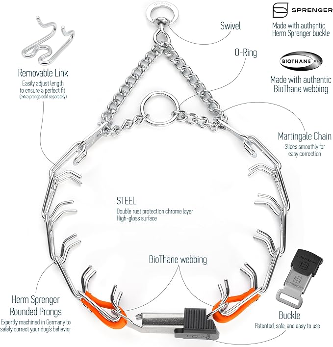 Herm Sprenger Chrome Plated Steel Dog Collar with Quick Release ClicLock Buckle and Biothane Insert Training Collar for Dogs Made in Germany (Hunter Orange, 16in x 2.25mm(Neck Size up to 13-14in))