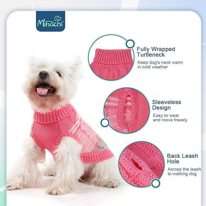 Mihachi Dog Sweaters for Small Dogs Girl Boy,Soft Warm Dogs Shirt, Cold Weather Dog Coat Turtleneck Knitted Pullover Dog Clothes Costume with Leash Hole for Large Cat Puppy Doggy Pet,Pink XS