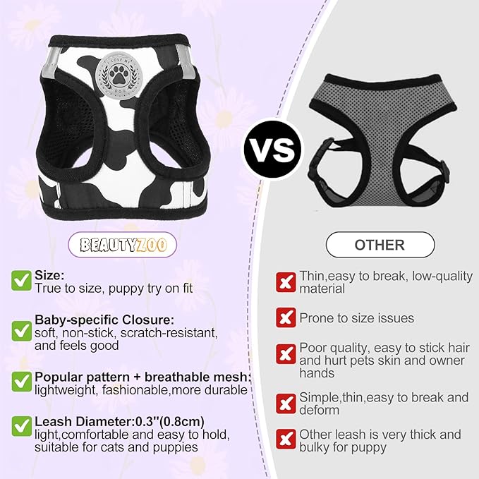 BEAUTYZOO Step in Dog Harness and Leash Set, Floral Pattern Reflective Dog Harness No Pull No Choke Puppy Harness for XXS XS S Dogs Cats, Soft Padded Mesh Vest Harnesses for Girl and Boy Pets