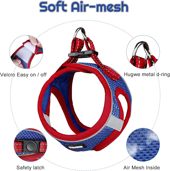 Dog Harness for Small Dogs and Leash Set, Honeycomb Grid, Reflective Lightweight Harness & Anti-Twist Pet Lead Multi Color, Size: XS-S-M. (XS, Red & Blue)