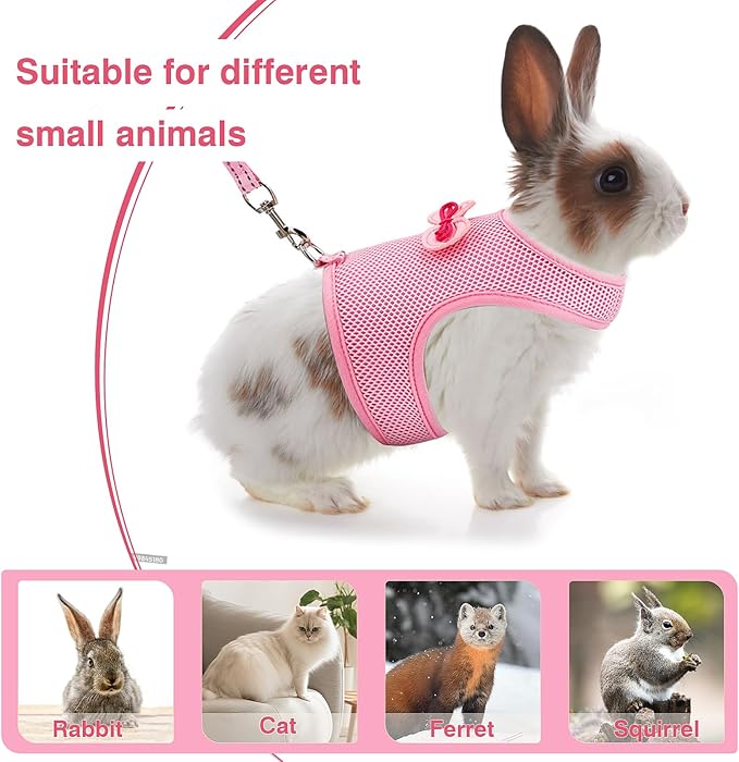 Rabbit Harness and Leash Set with Cute Bow tie Buckle Breathable Mesh Vest Harness for Rabbits Kitten Small Pets Pig Walking(M: Chest Girth 9.44-11.02IN, Pink)