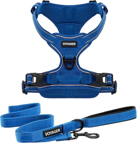 Dog Harness Dual Leash Attachment No-Pull Control Adjustable Soft but Strong Pet Harness for Medium and Large Dogs with 3M Reflective Technology - Harness Leash Set (Royal Blue Lattice), L