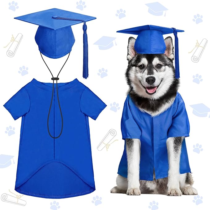 Xuniea 2 Pcs Dog Graduation Costume Set 2025 Dog Graduation Cap and Gown Puppy Hat with Tassel Matte Pet Grad Outfit Cats Grad Bear Holiday Party Costume Accessory(Blue,Large)