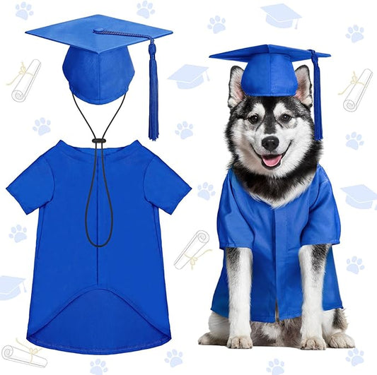 Xuniea 2 Pcs Dog Graduation Costume Set 2025 Dog Graduation Cap and Gown Puppy Hat with Tassel Matte Pet Grad Outfit Cats Grad Bear Holiday Party Costume Accessory(Blue,Large)