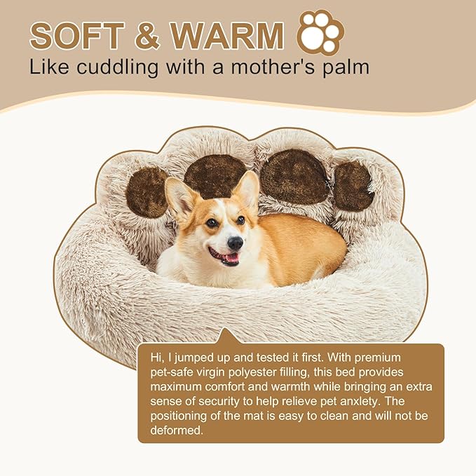 Jiupety Paw Shape Calming Pet Bed, Medium Plush Faux Fur Donut Bed for Dogs & Cats, Machine Washable, Non-Slip Bottom, Extra Large Size (32"×32"×10"), Camel