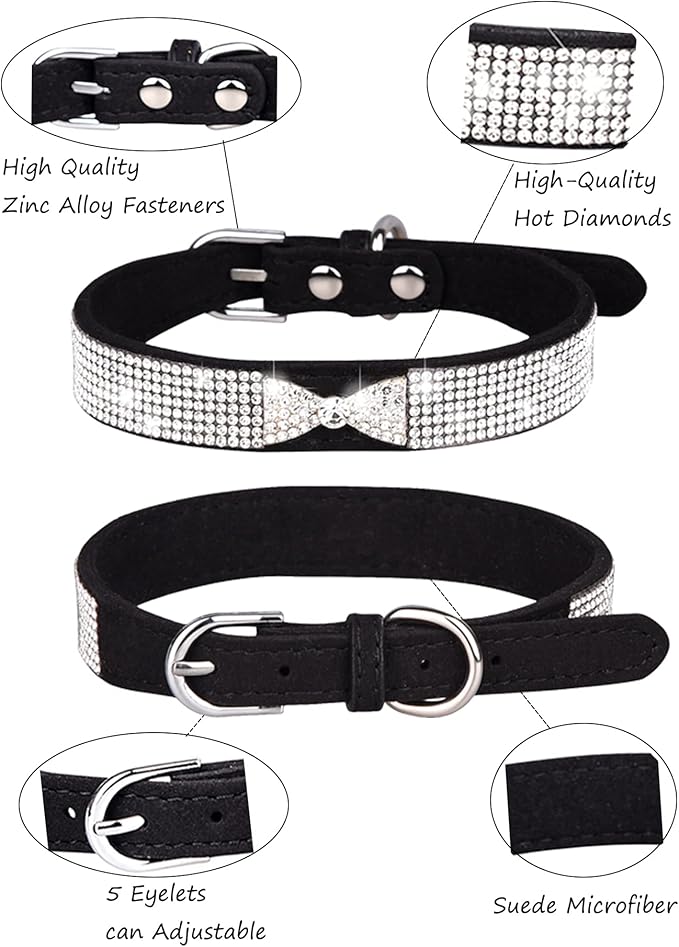 Dog Collar for Small Dogs, Adjustable Leather Suede Bling Dog Collars，Pink Dog Collar Cat Collar, Rhinestone Dog Collar (XS, black4)