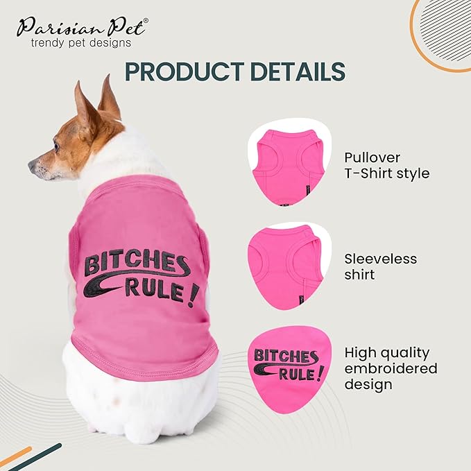 Parisian Pet Dog Tshirt - Embroidered “B*tches Rules“ Tank Top - 100% Cotton and Lightweight Funny Dog Clothes - Sleeveless Machine Washable Tee Shirts for Large Dogs - 2XL
