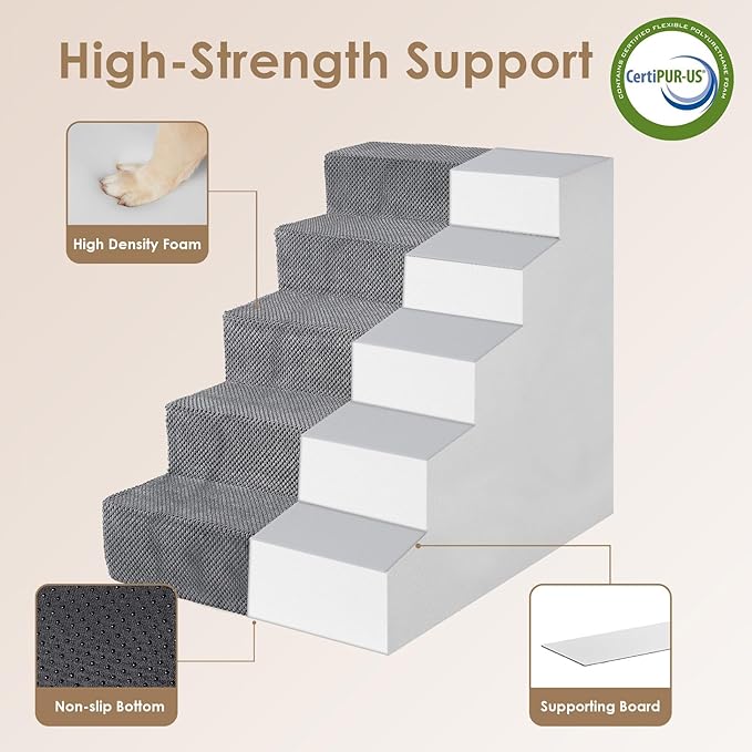 EHEYCIGA Dog Stairs for High Bed 25”H, 5-Step Extra Wide Dog Steps for Bed, Pet Steps for Small Dogs and Cats, Non-Slip Balanced Pet Ramp, Grey