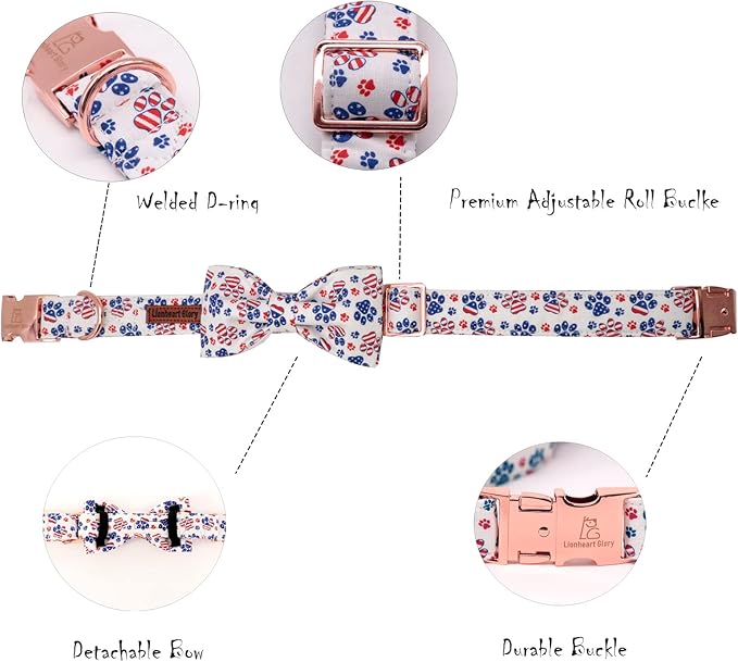 Lionheart Glory American Flag Dog Collar - 4th of July Collar with Adjustable Bow for Small Dogs