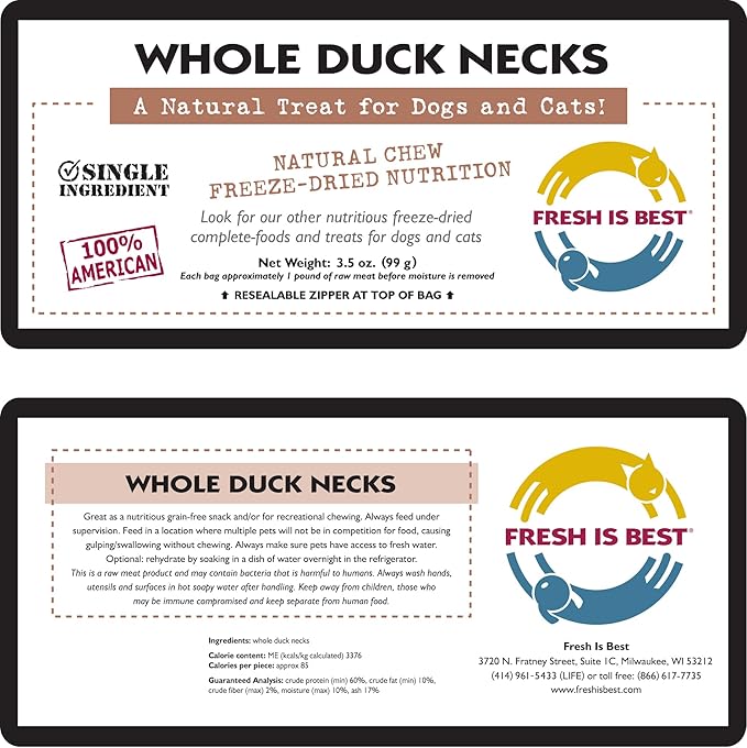 Fresh Is Best - Freeze Dried Healthy Raw Meat Treats for Dogs & Cats - Duck Necks