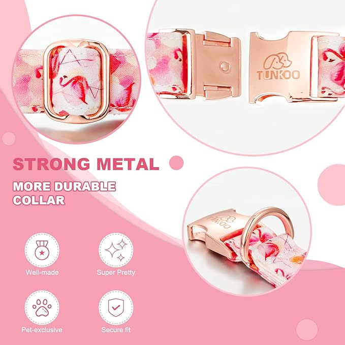 Tunkoo Super Cute Dog Collar with Bow Tie Pink Flamingo Heart - Durable, Adjustable, and Stylish Pet Collar Available in Small Medium Large M